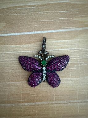 Sterling Silver Butterfly Pendant with Ruby, Emerald and White Topaz Gemstones